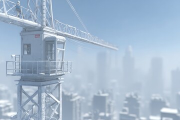 A towering construction crane covered in frost amidst a misty, snow-covered city.