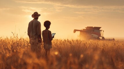Farmer and his young son in golden autumn field with tablet, futuristic combine harvester in background