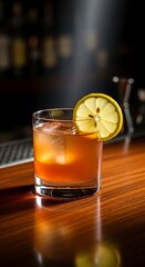 Refreshing Whiskey Cocktail with Lemon Slice on Bar Top.