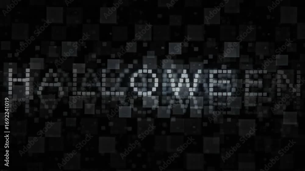 Poster abstract representation of the word halloween created with a pixelated design on a dark background