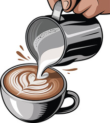 Barista pouring milk into coffee art isolated on transparent background