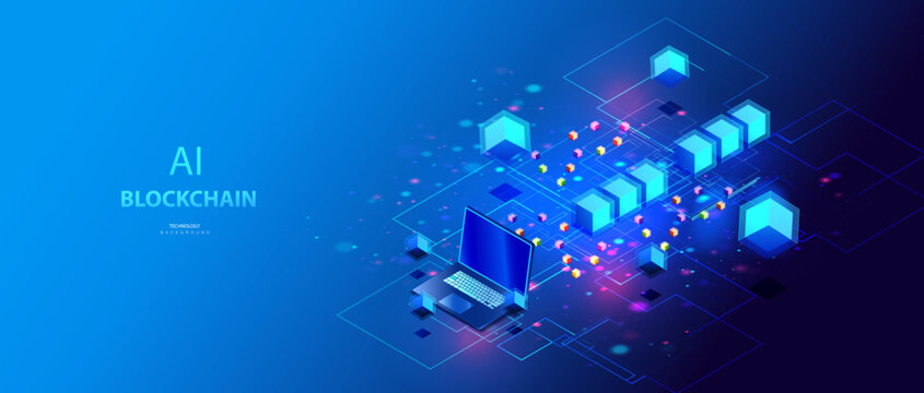 Blockchain A.I. isometric banner with laptop. Bricks connected design. Cubes block database. Big data ai chain technology background. Data science and business working.