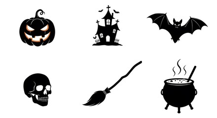 Collection of spooky halloween icons including pumpkin bat castle skull broom and cauldron