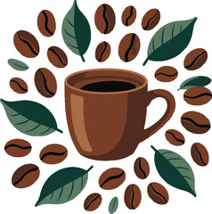 Obraz premium Coffee cup with beans and leaves isolated on transparent background