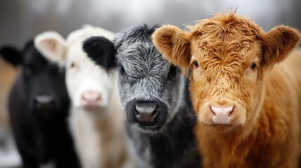 Close-up of Adorable Multi-Colored Highland Cows in a Row