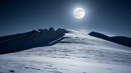 Serene winter landscape under a bright full moon illuminating snowy mountains at night - Powered by Adobe