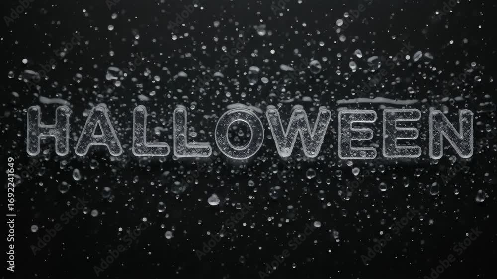 Poster close-up view of the word halloween formed by intricate patterns of bubbles on a dark background, cr