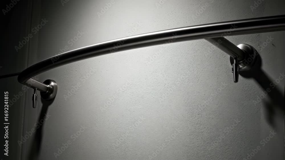 Poster Artistic shot of curved shower rod casting shadow on textured drywall wall with visible anchor mounts adding depth and style.