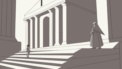 Obraz premium Classical Architecture Illustration Figures on Steps Grayscale Drawing Historical Design Ancient Building Columns Staircase Monochrome Art Symbolic Image Conceptual Art.