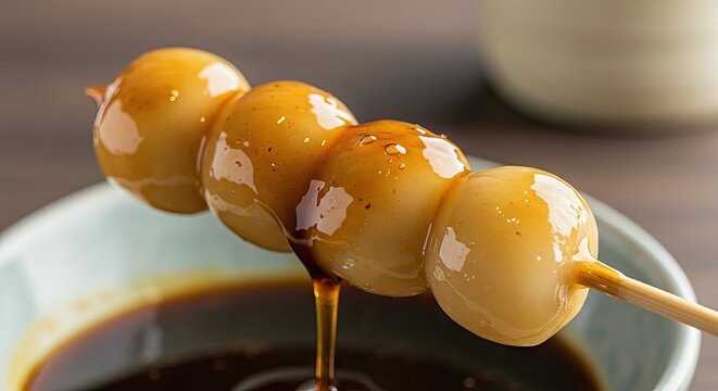 Closeup of three dango dumplings on a stick covered in a glistening dark sauce dripping into a light blue bowl