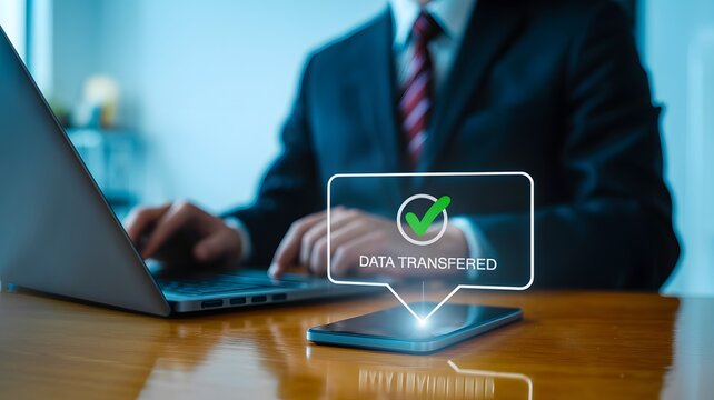 Bright wood desk displays phone with data transfer graphic. Technology illustration, product staging.