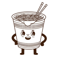 Cartoon instant noodles cup with face smiling and holding chopsticks ready to eat