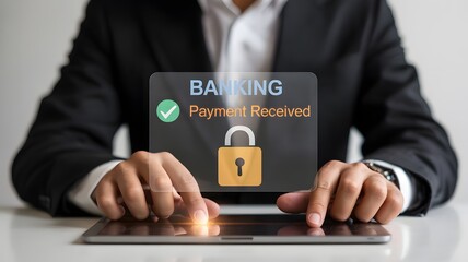 Banking app display shows payment received with gold padlock. Uses include UI, cybersecurity branding.