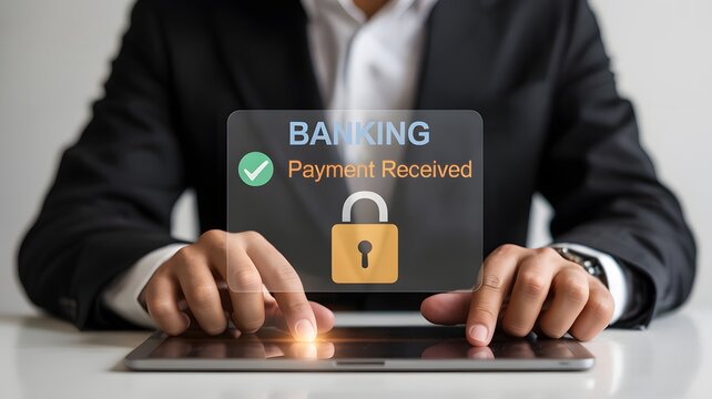 Banking app display shows payment received with gold padlock. Uses include UI, cybersecurity branding.