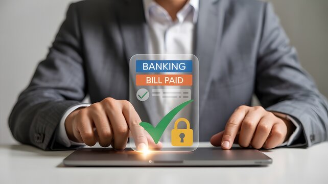  Digital banking app shows bill paid with secure lock, suitable for fintech, financial services, digital payment solution product staging and social media