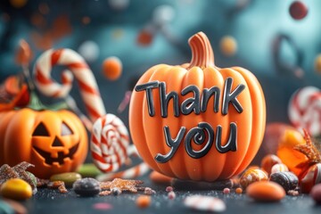 Festive halloween pumpkin with candy and thank you message