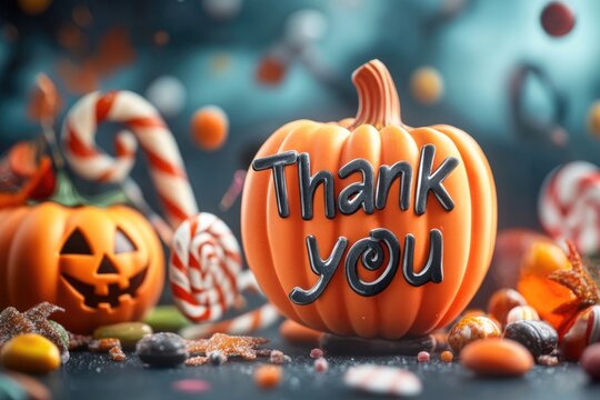Festive halloween pumpkin with candy and thank you message - Powered by Adobe