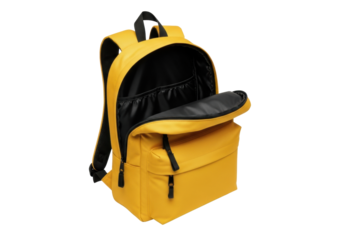 Vibrant yellow fabric backpack, wide open with black interior, sturdy black straps, isolated on transparent background with ample copy space, high-key studio product photography, concept of travel
