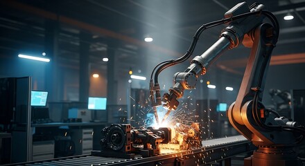 Robotic Arm Welding in a Modern Industrial Factory.