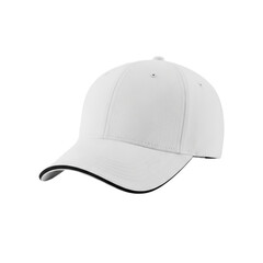 Fototapeta premium A transparent cotton twill baseball cap with a curved brim and thin black trim, shown in a three-quarter view on a seamless transparent background with soft studio lighting. Apparel design concept