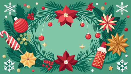 Vector art of festive christmas frame with ornaments, poinsettias, and candy cane decorations