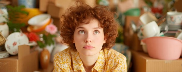 Pretty woman looking up surrounded by cardboard boxes. Female homeowner moving to new home. Housewife cleaning and organizing mess.