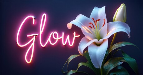 Bright pink neon script spells Glow beside white lilies. Dark background emphasizes luminous floral display, creating dramatic effect.
