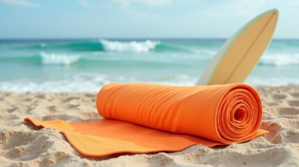 Yellow Surfboard and Yoga Mat on Beach with Ocean Waves and Sky in Background