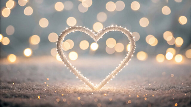 Glowing heart outline made of sparkles sits on sandy surface with warm bokeh lights creating romantic atmosphere - Powered by Adobe