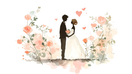 Hand Drawn Watercolor Marriage Ceremony Illustration with Bride and Groom Isolated on Transparent Background