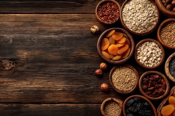Nutritious selection of dried fruits, nuts, and grains in wooden bowls.