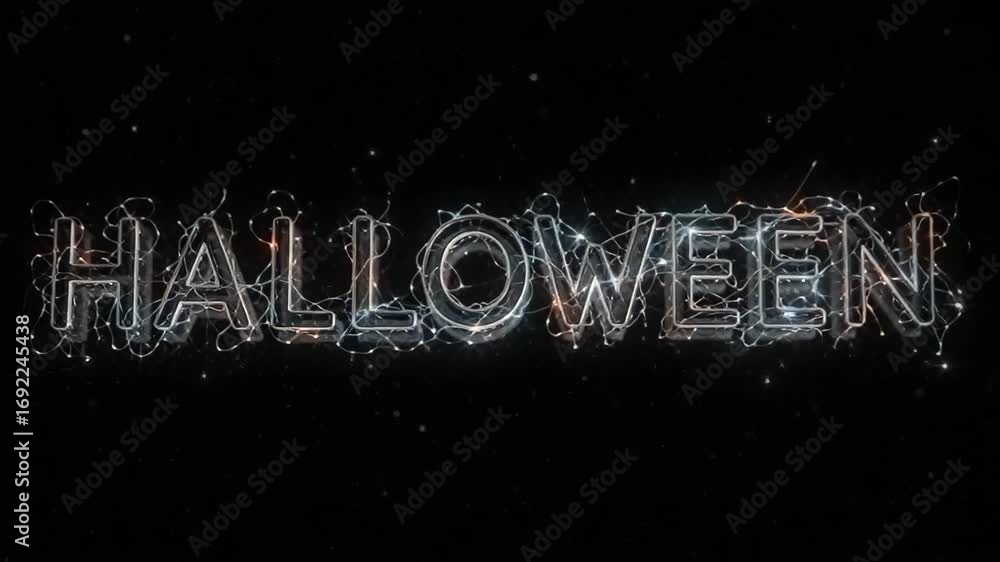 Poster illuminated halloween text display in a dark, starry background creating a festive atmosphere
