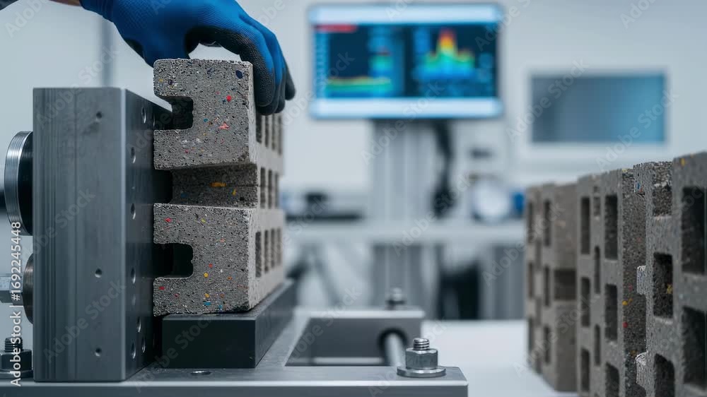 Poster side view of engineered recycled plastic bricks being fitted on a test frame to analyze durability a