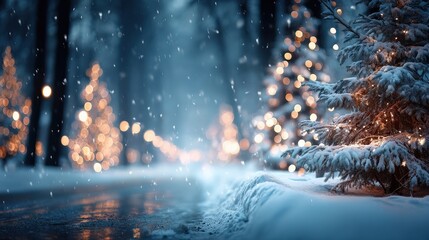 Obraz premium Snowy Christmas Trees with Lights in Winter Wonderland Scene