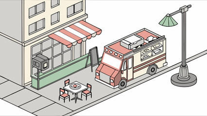 Isometric Illustration of Food Truck Street and Building with Outdoor Seating.