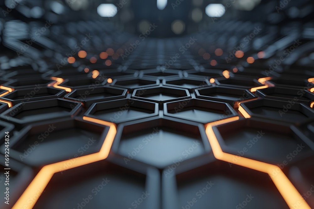 Poster abstract futuristic digital hexagonal grid pattern with glowing orange energy lines and blue light a