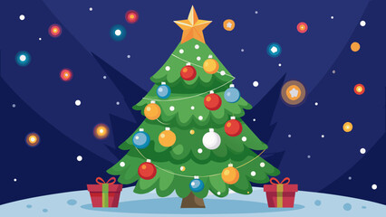 Vector art of christmas tree with colorful ornaments and gifts on a snowy background scene