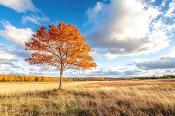 Vibrant autumn tree in golden field under bright blue sky