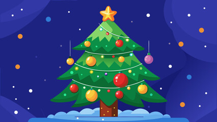 Obraz premium Vector art of christmas tree decorated with ornaments and a star on a dark blue background