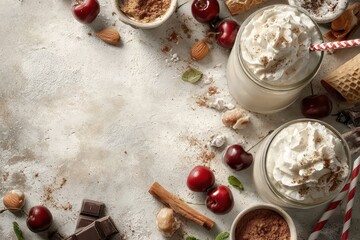 Fototapeta premium Delicious cold milkshakes with whipped cream, fresh cherries, and spices.