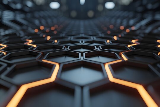 Abstract futuristic digital hexagonal grid pattern with glowing orange energy lines and blue light accents creating a sense of advanced technology and data flow - Powered by Adobe