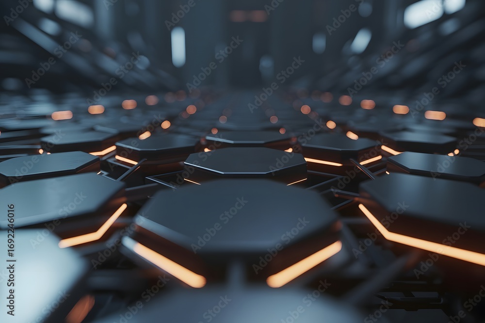 Poster futuristic digital abstract background with glowing orange lines and dark metallic structures creati