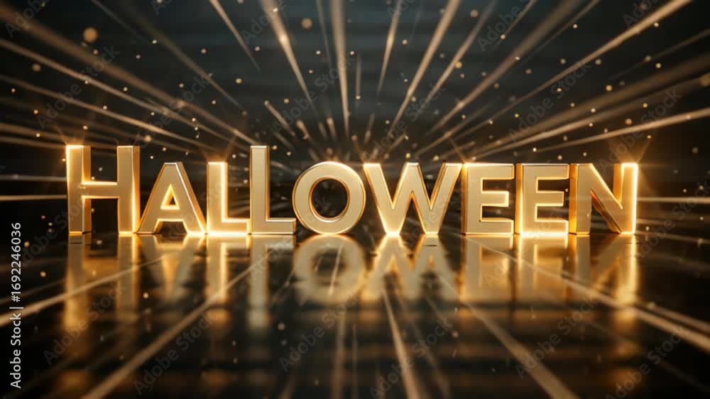 Poster illuminated halloween text with dynamic light bursts and reflective surface creating a festive atmos