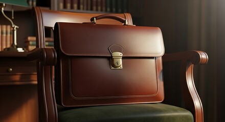 Leather Briefcase on Wooden Chair in Library Setting.