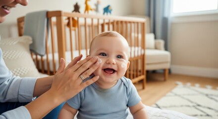 Smiling baby with skincare lotion on cheeks being pampered by parent in cozy nursery with wooden crib and toys in background