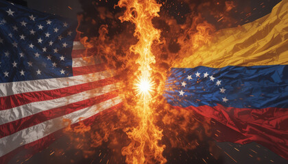 Conflict between usa and venezuela flags representing tensions graphic design fiery background dramatic concept