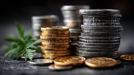 Stacks of Gold and Silver Coins with Green Plant, Finance and Investment