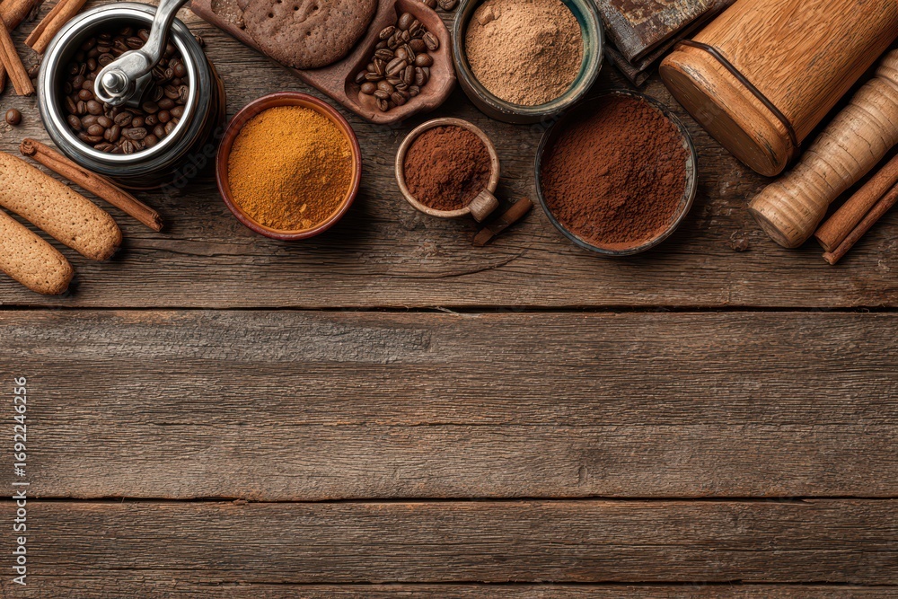 Poster warm overhead view of coffee, cocoa, and various spices on a rustic wooden table with copy space.