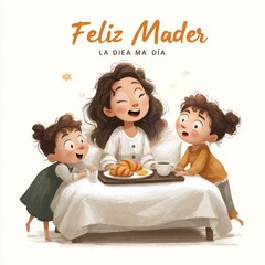 Modern digital illustration of a family scene, kids surprising their mom with breakfast in bed