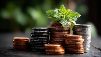Growing Money Concept: Stacked Coins with Fresh Green Plant on Top